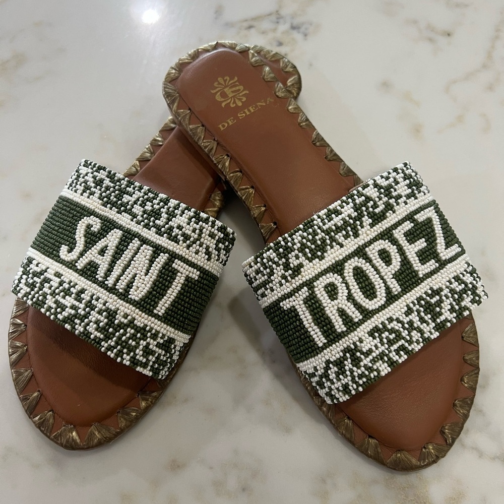 DE SIENA Resort Green and White Beaded Slide Sandals Size 36